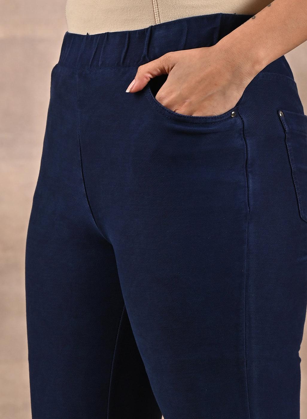 Navy Blue Flared Fit Denim Washed Pant - Lakshita