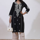 Black Phool Collection Kurta with Rice Stitch Embroidery