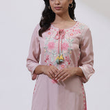 Peach Phool Collection Kurti With Multi-Colour Embroidery