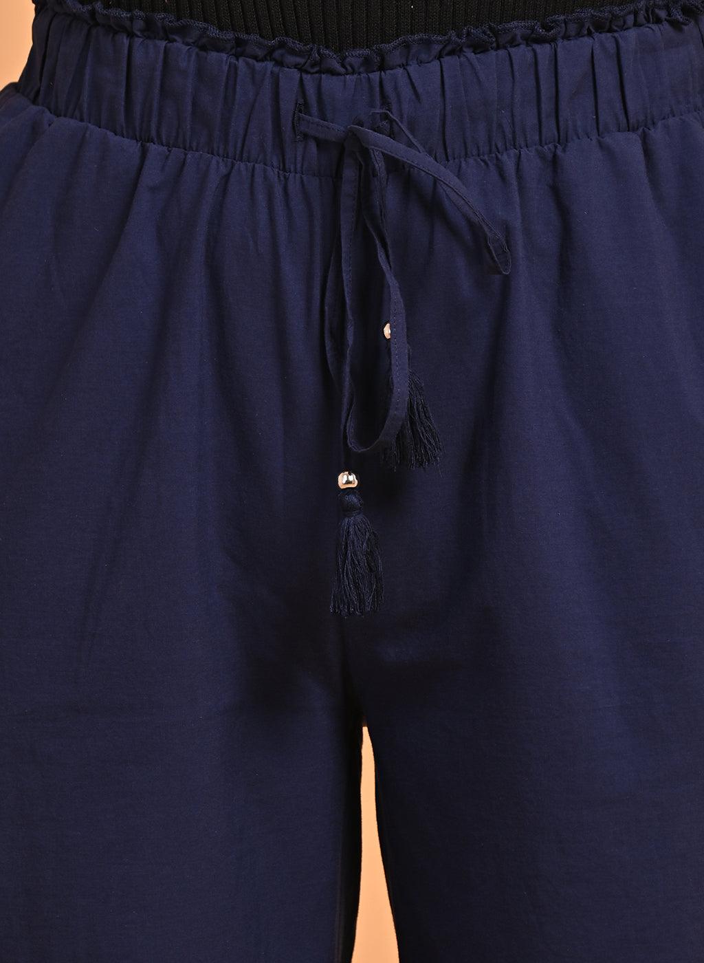 Embroidered Navy Blue Palazzo with Drawstring - Lakshita