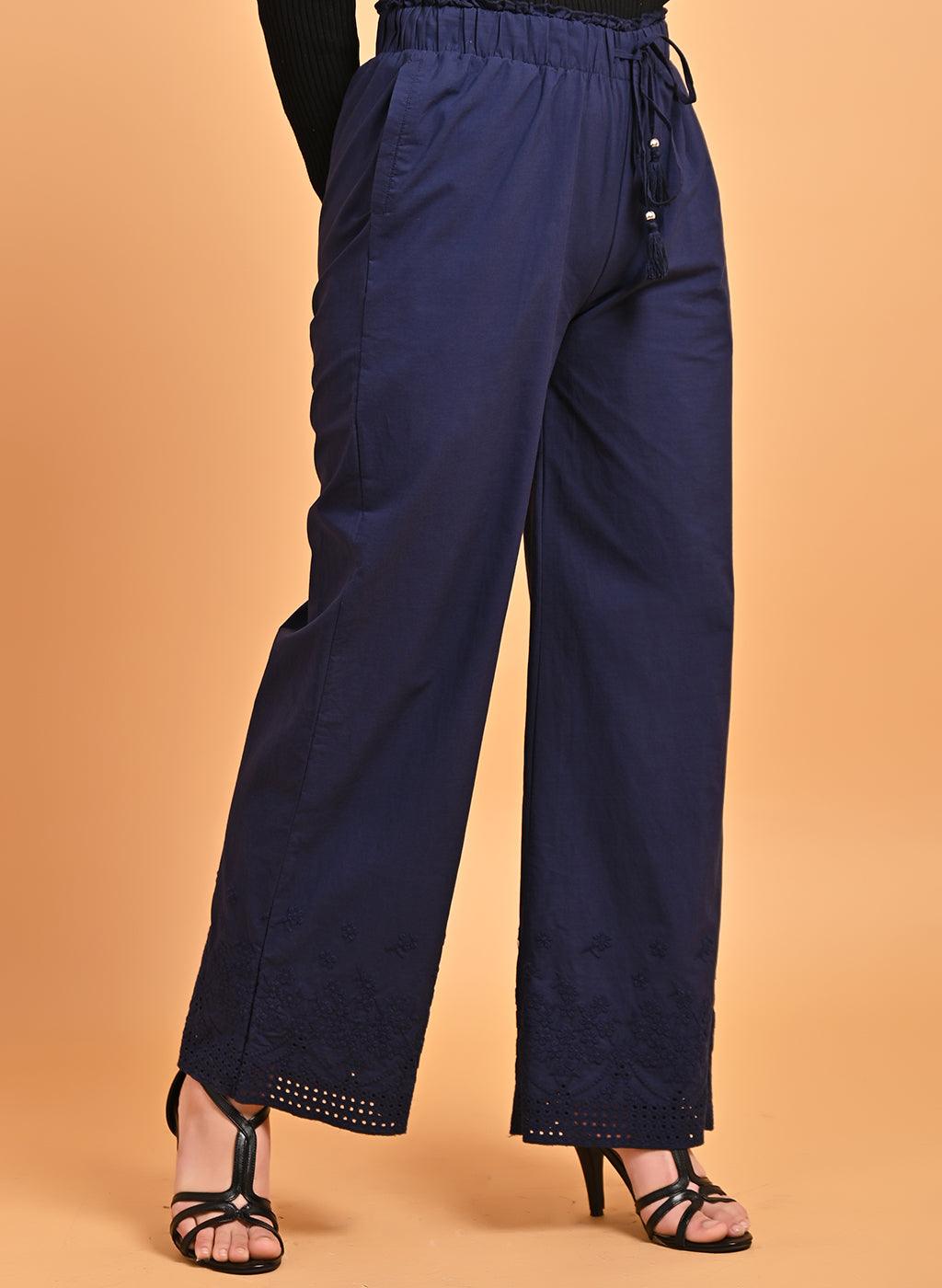 Embroidered Navy Blue Palazzo with Drawstring - Lakshita