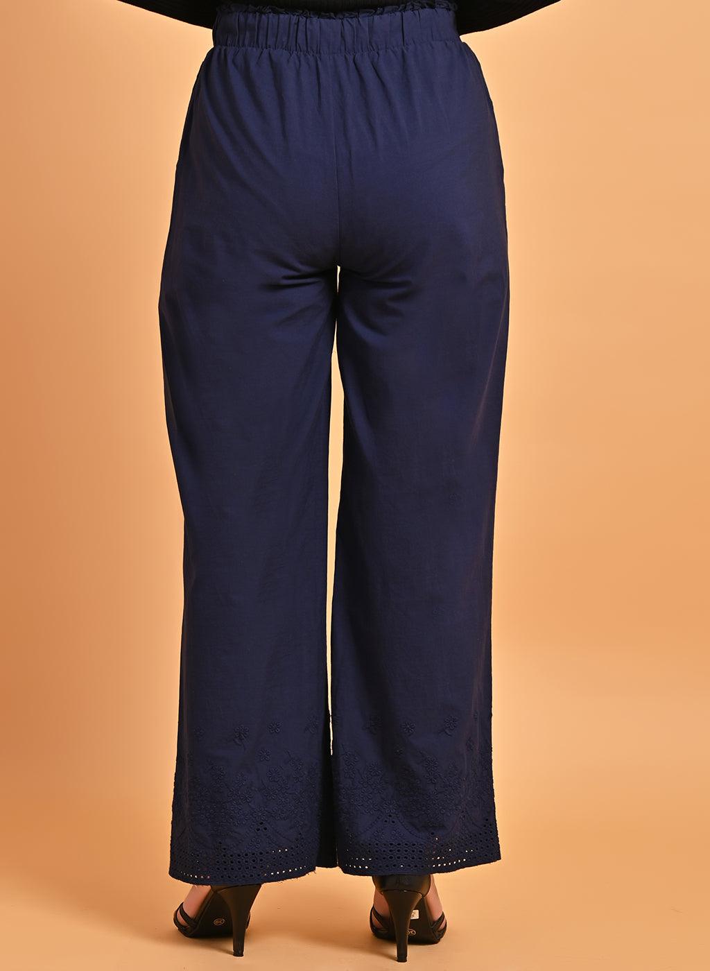 Embroidered Navy Blue Palazzo with Drawstring - Lakshita