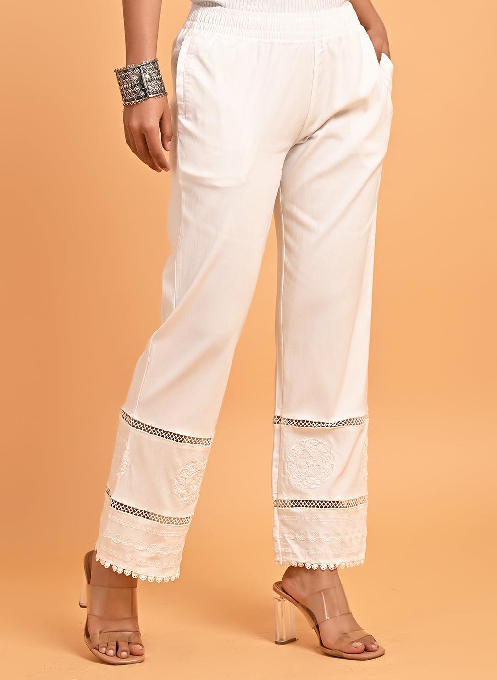 White Elastic Pant with Lace and Embroidery Detail - Lakshita