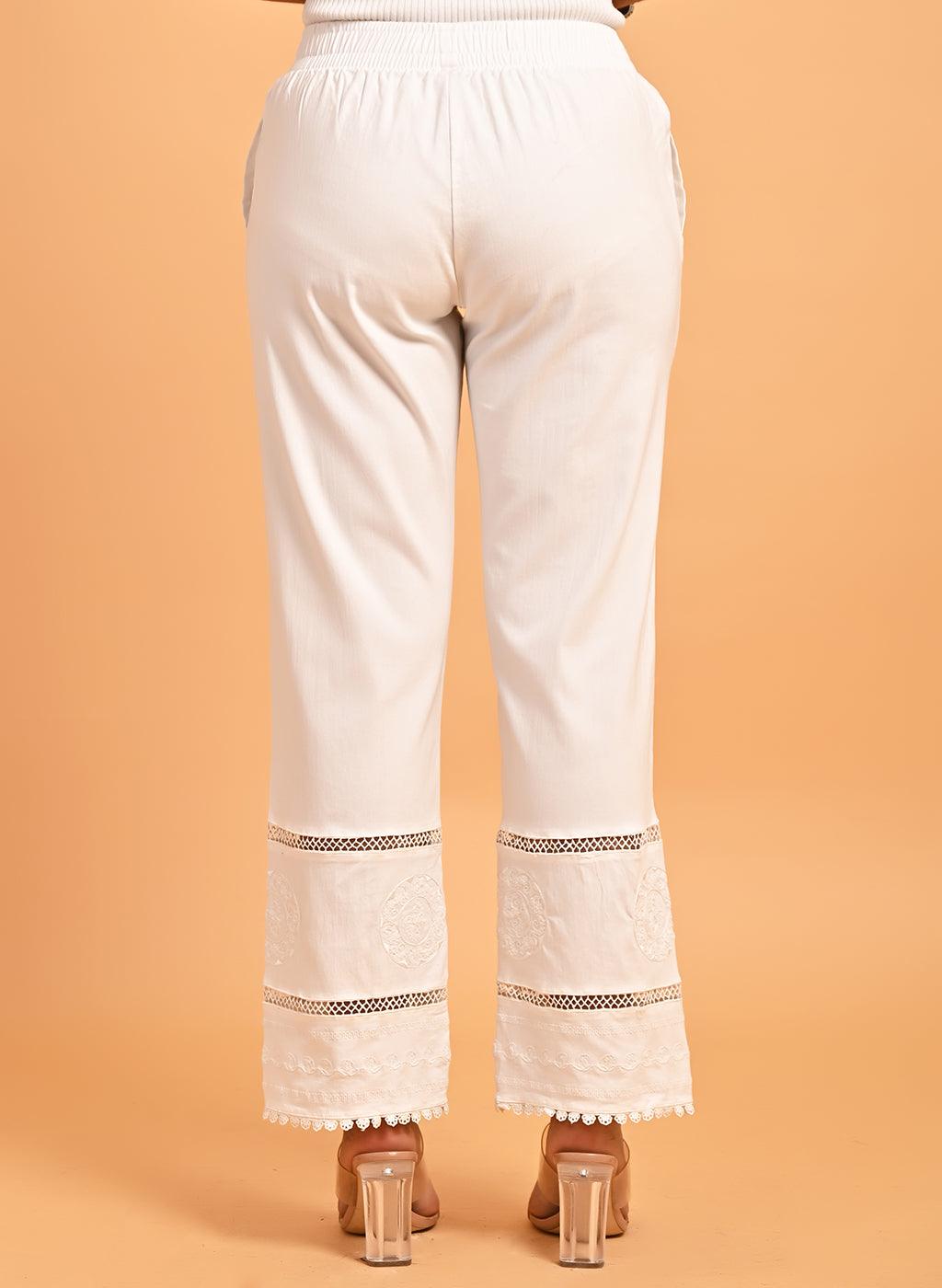 White Elastic Pant with Lace and Embroidery Detail - Lakshita