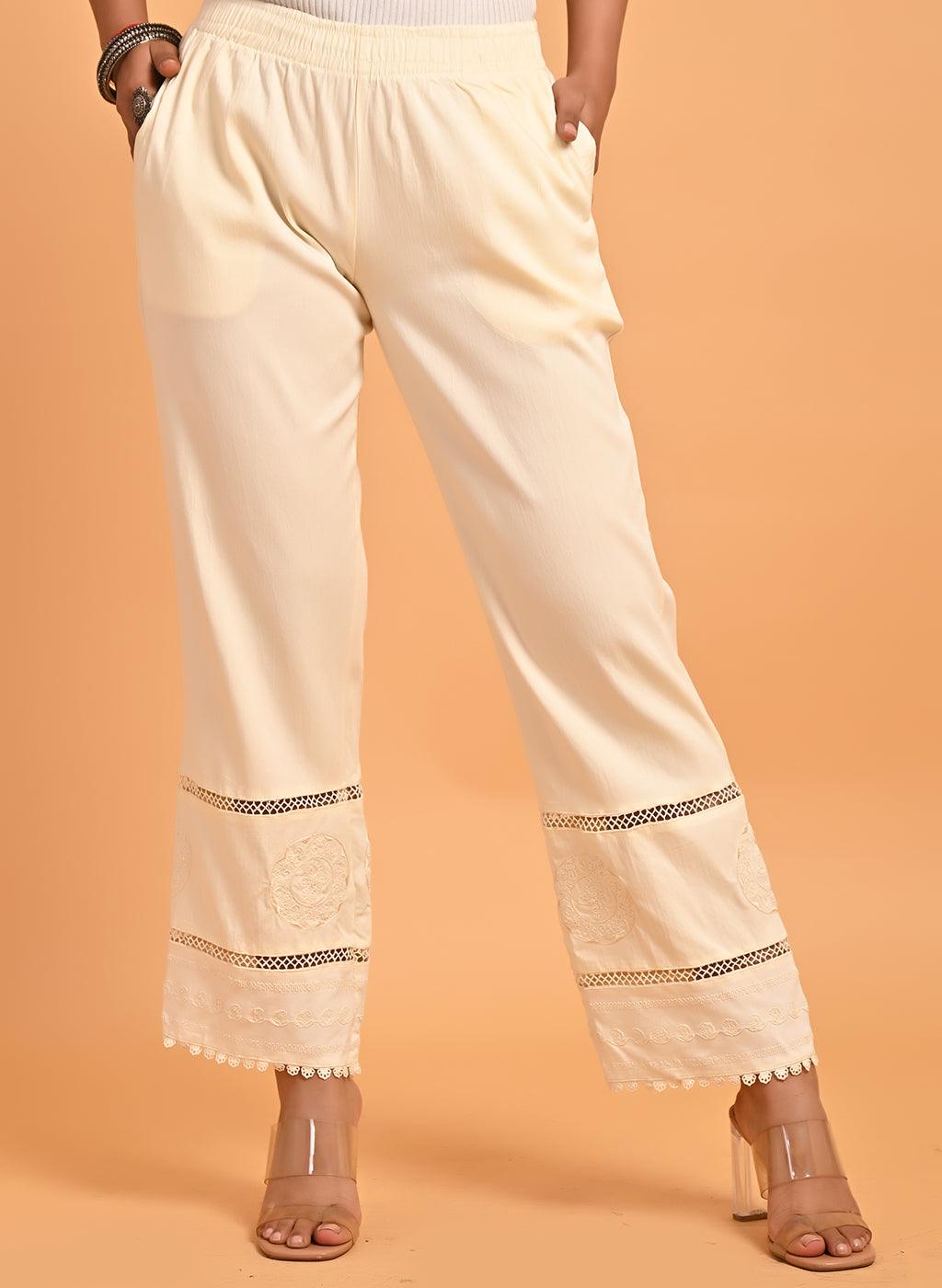 Cream Elastic Pant with Lace and Embroidery Detail - Lakshita