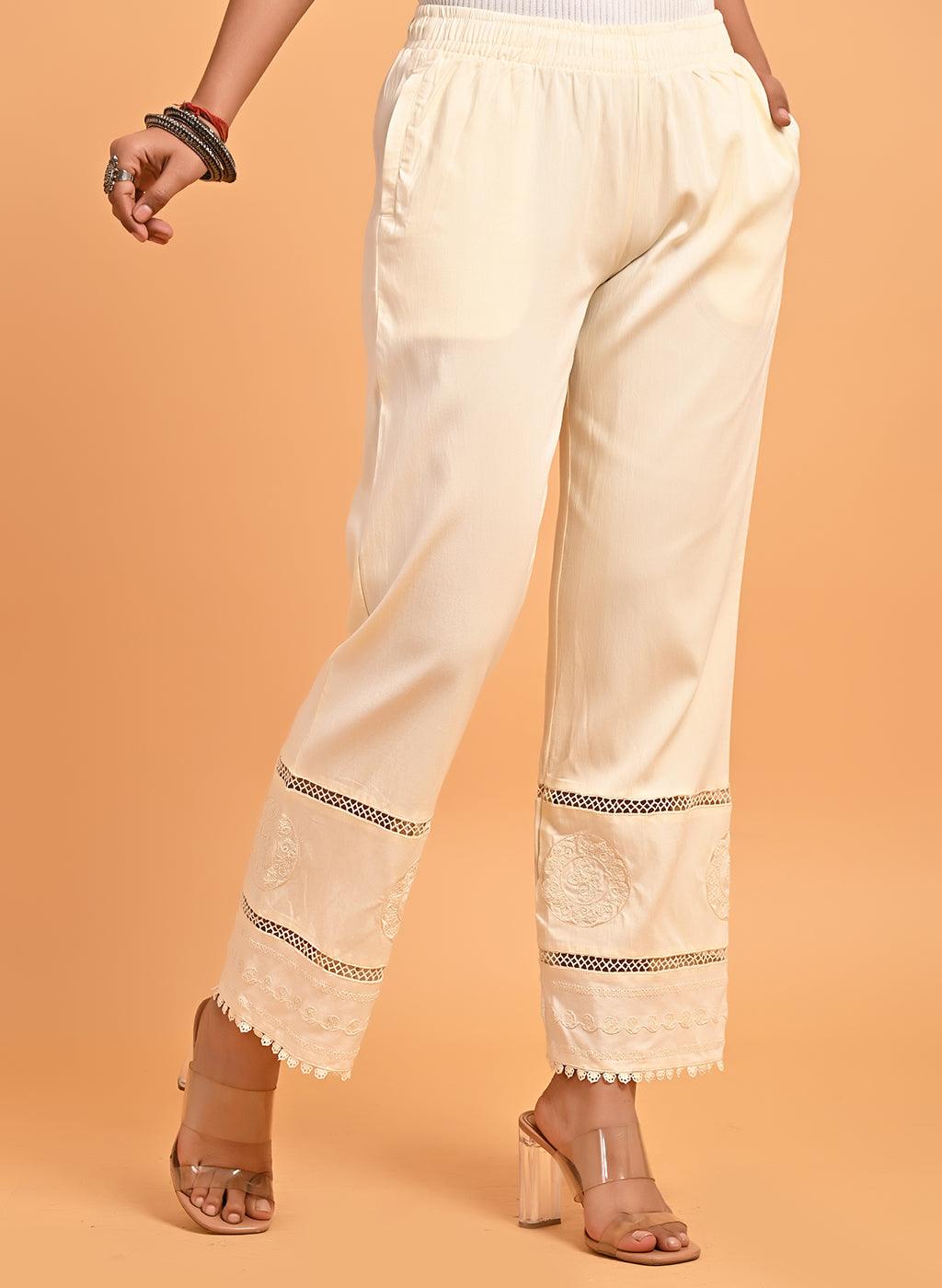 Cream Elastic Pant with Lace and Embroidery Detail - Lakshita