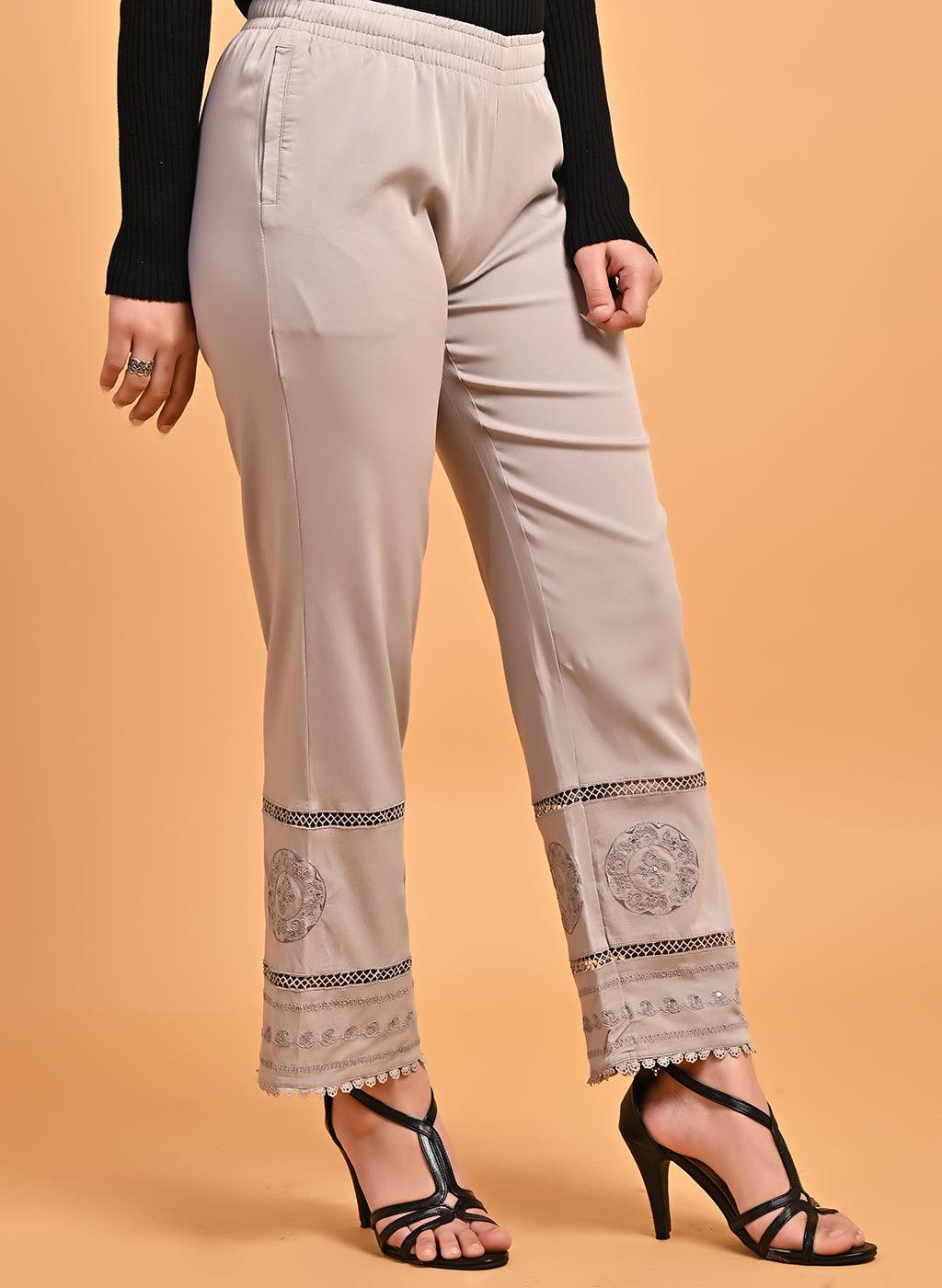 Grey Elastic Pant with Lace and Embroidery Detail - Lakshita