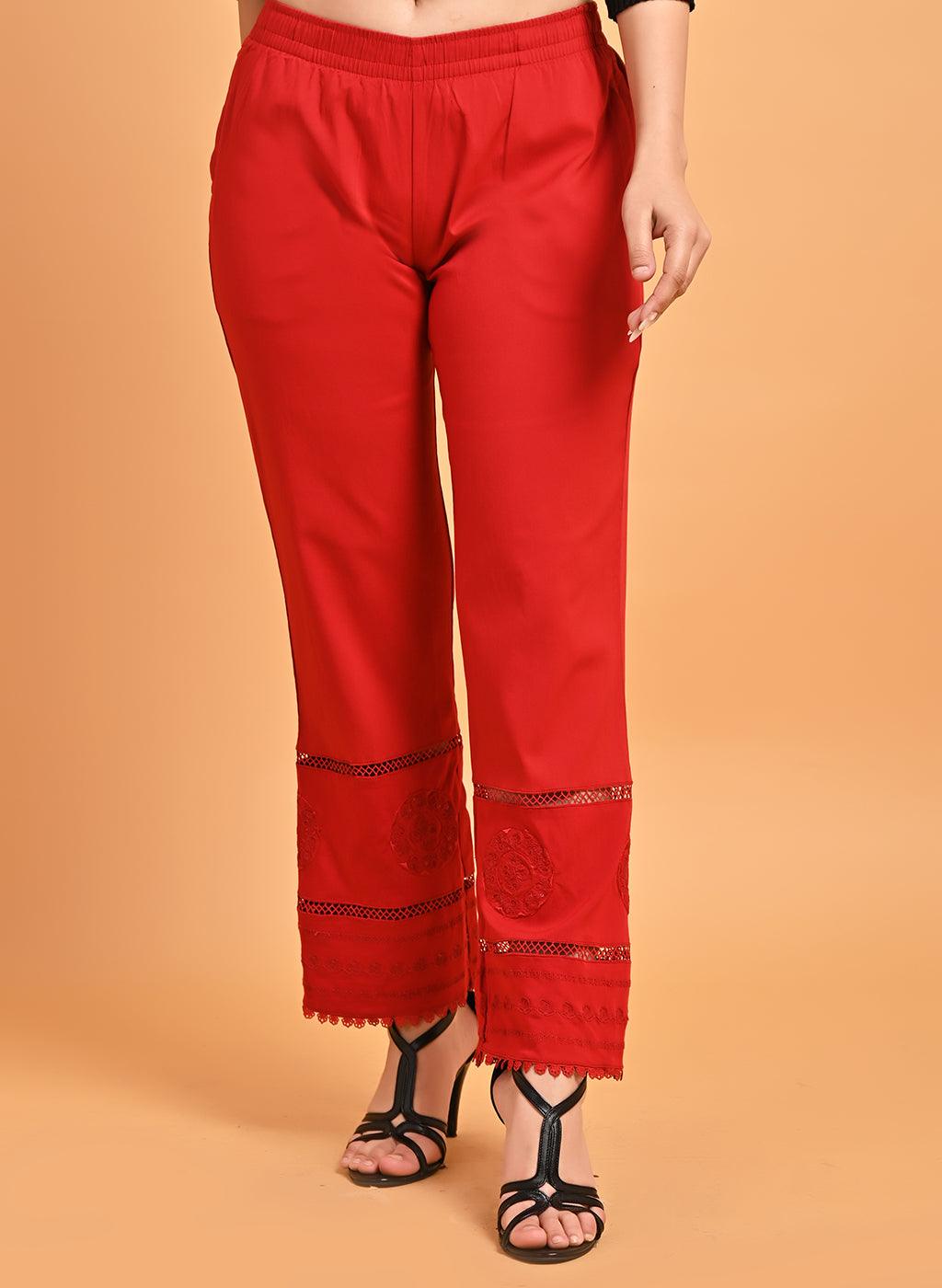 Blood Red Elastic Pant with Lace and Embroidery Detail - Lakshita