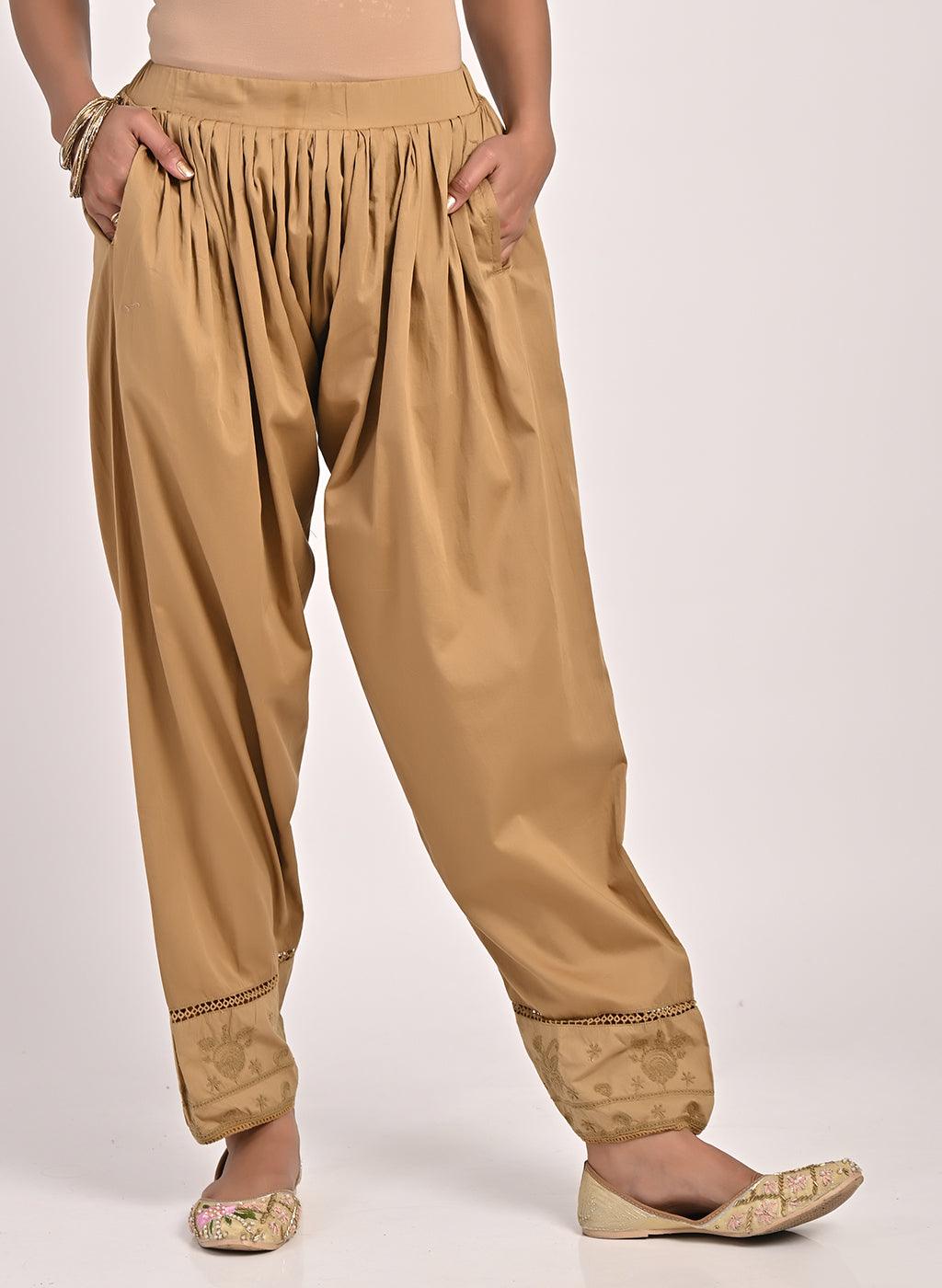 Beige Pleated Salwar with Hem Embroidery - Lakshita