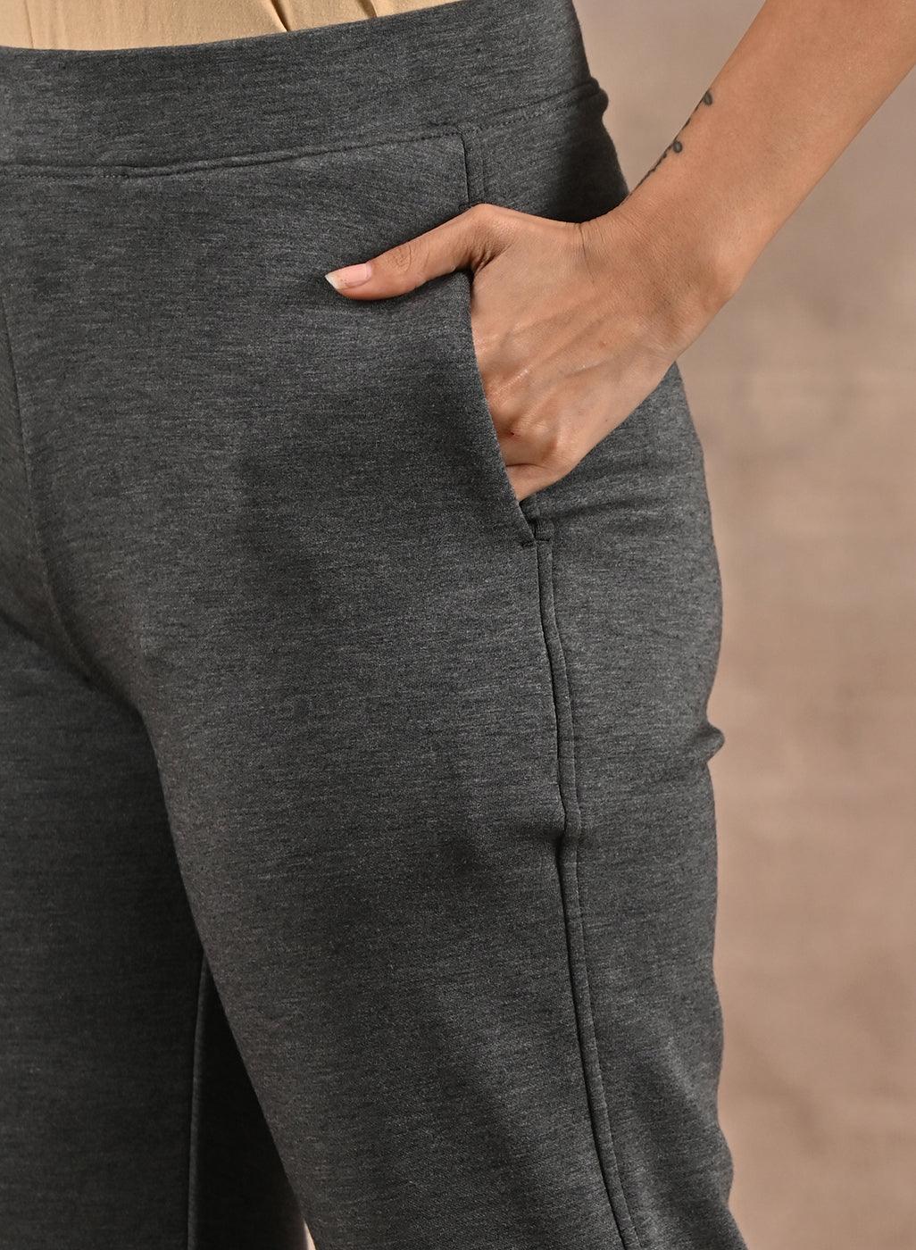 Grey Solid Stretchable Pants with Stitch Detail - Lakshita