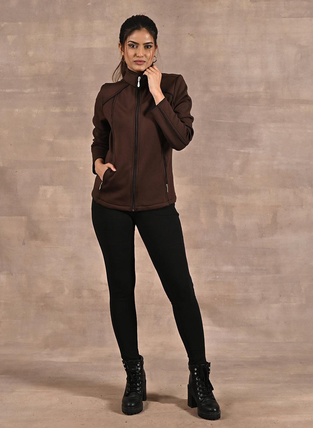 Brown Fleece Jacket with Decorative Stitch on Front - Lakshita