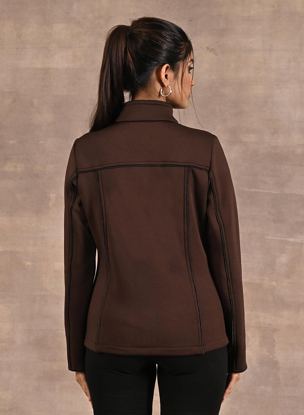 Brown Fleece Jacket with Decorative Stitch on Front - Lakshita