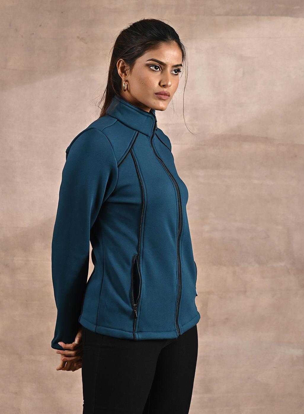 Teal Fleece Jacket with Decorative Stitch on Front - Lakshita