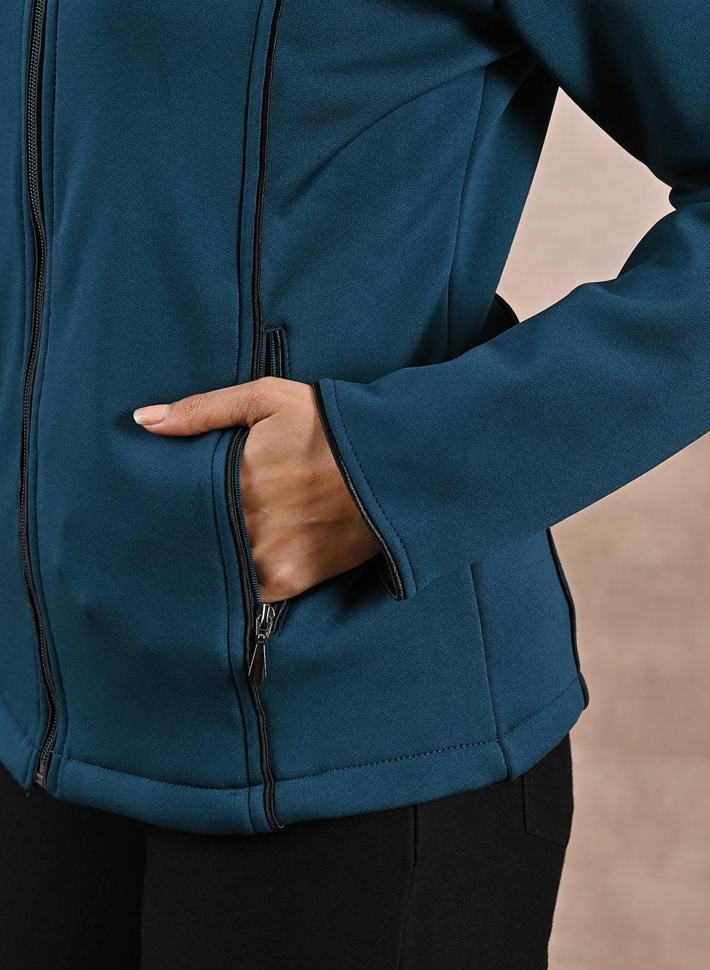 Teal Fleece Jacket with Decorative Stitch on Front - Lakshita