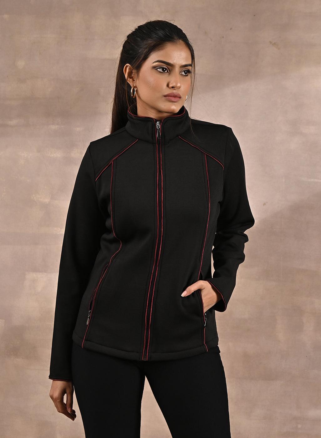 Black Fleece Jacket with Decorative Stitch on Front - Lakshita