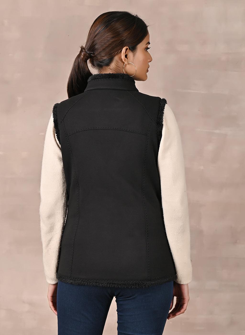 Black Sleeveless Jacket with Fur Detail - Lakshita