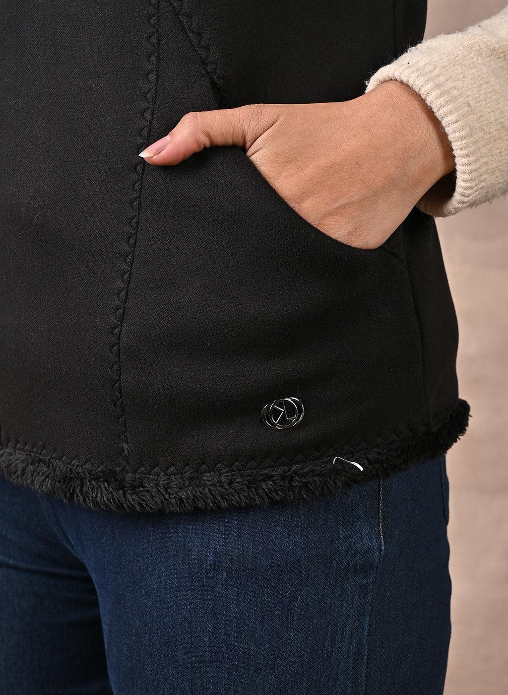 Black Sleeveless Jacket with Fur Detail - Lakshita