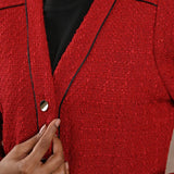 Red Long Sleeve Textured Jacket with Metallic Buttons - Lakshita