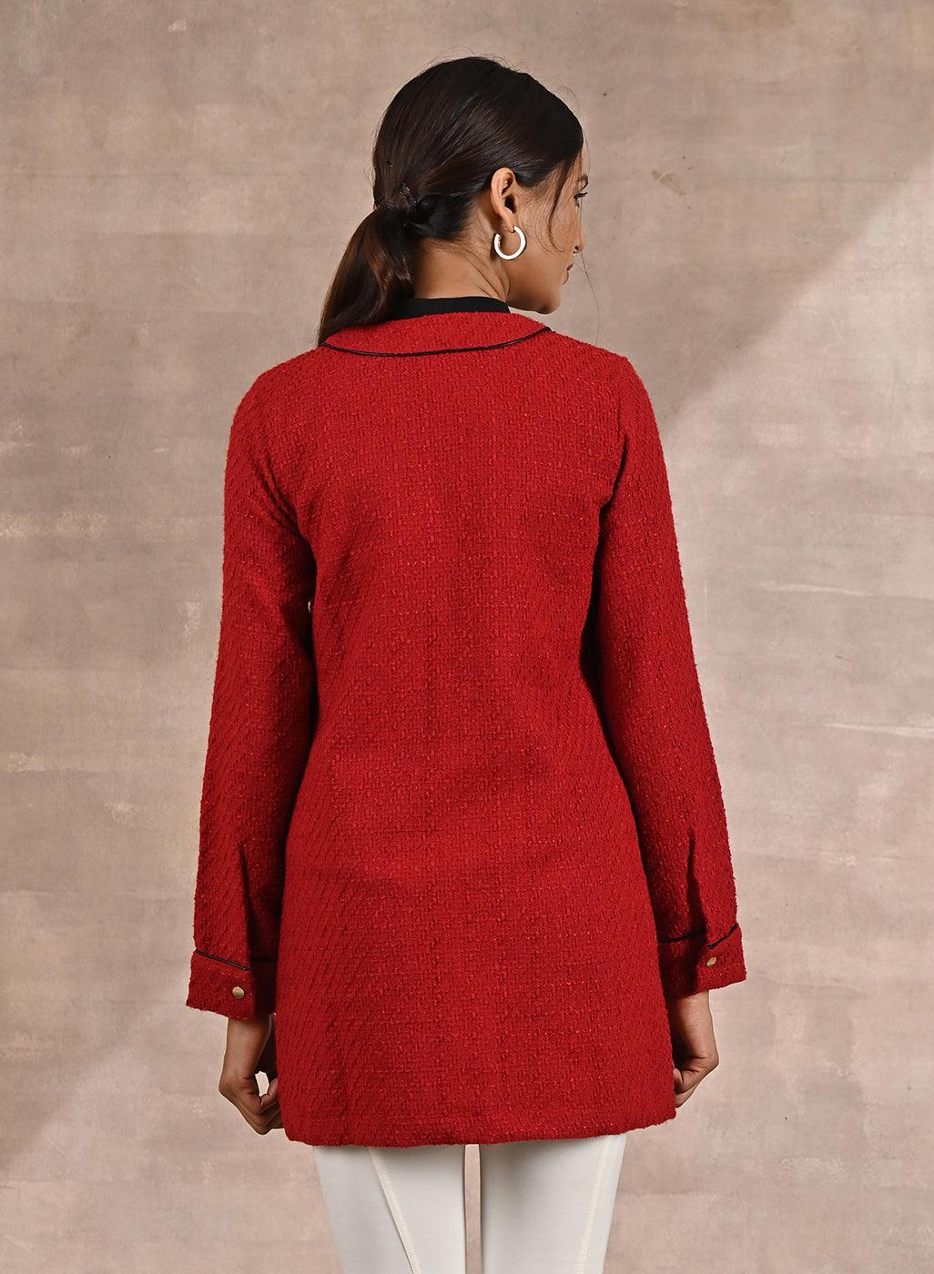 Red Long Sleeve Textured Jacket with Metallic Buttons - Lakshita