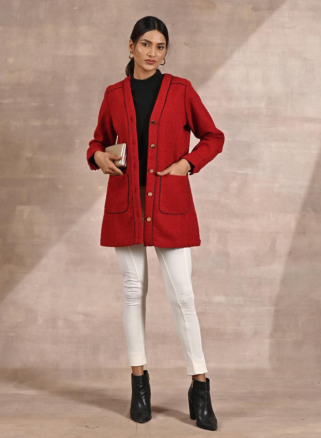 Red Long Sleeve Textured Jacket with Metallic Buttons - Lakshita