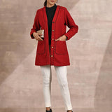 Red Long Sleeve Textured Jacket with Metallic Buttons - Lakshita