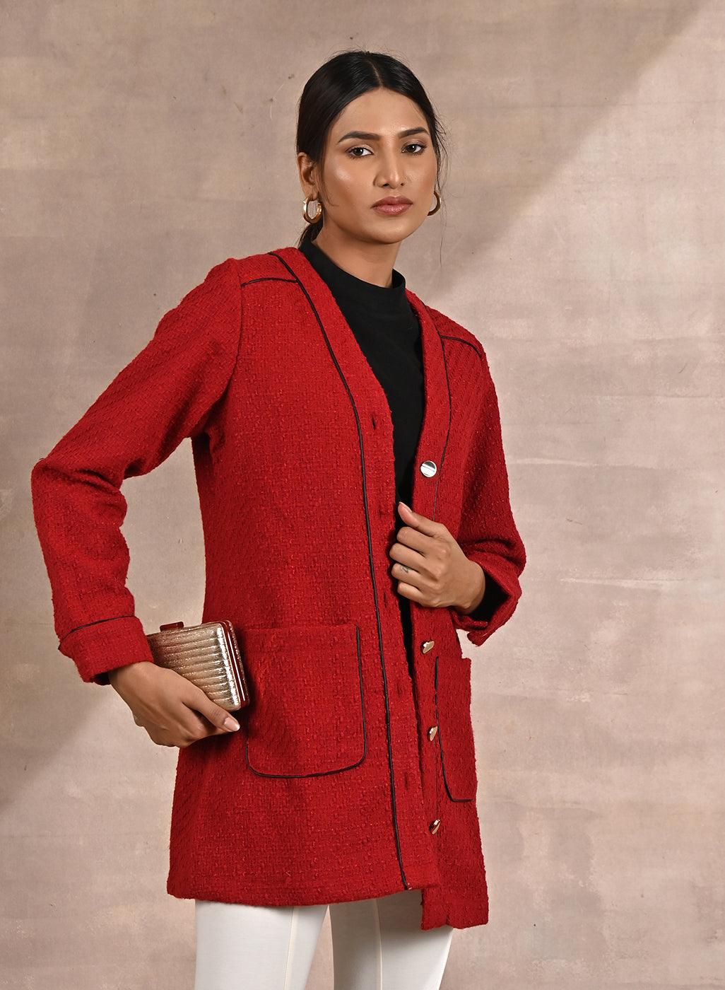 Red Long Sleeve Textured Jacket with Metallic Buttons - Lakshita