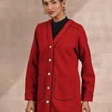 Red Long Sleeve Textured Jacket with Metallic Buttons - Lakshita