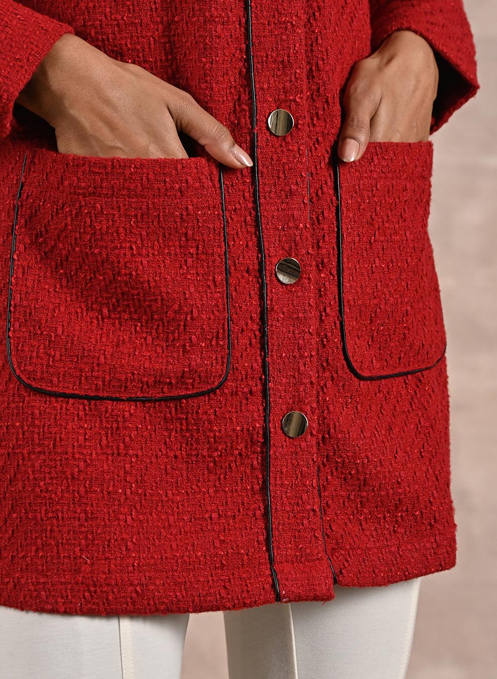 Red Long Sleeve Textured Jacket with Metallic Buttons - Lakshita