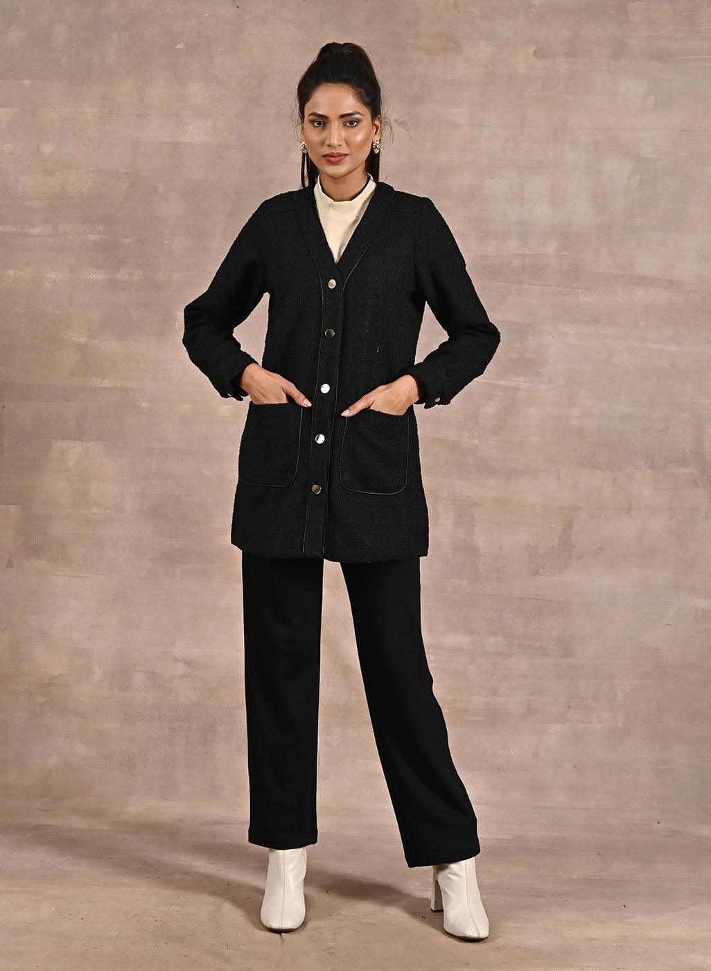 Black Long Sleeve Textured Jacket with Metallic Buttons - Lakshita