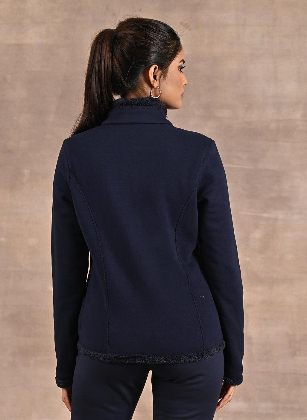 Navy High-neck Long Sleeve Sherpa Fur Jacket - Lakshita