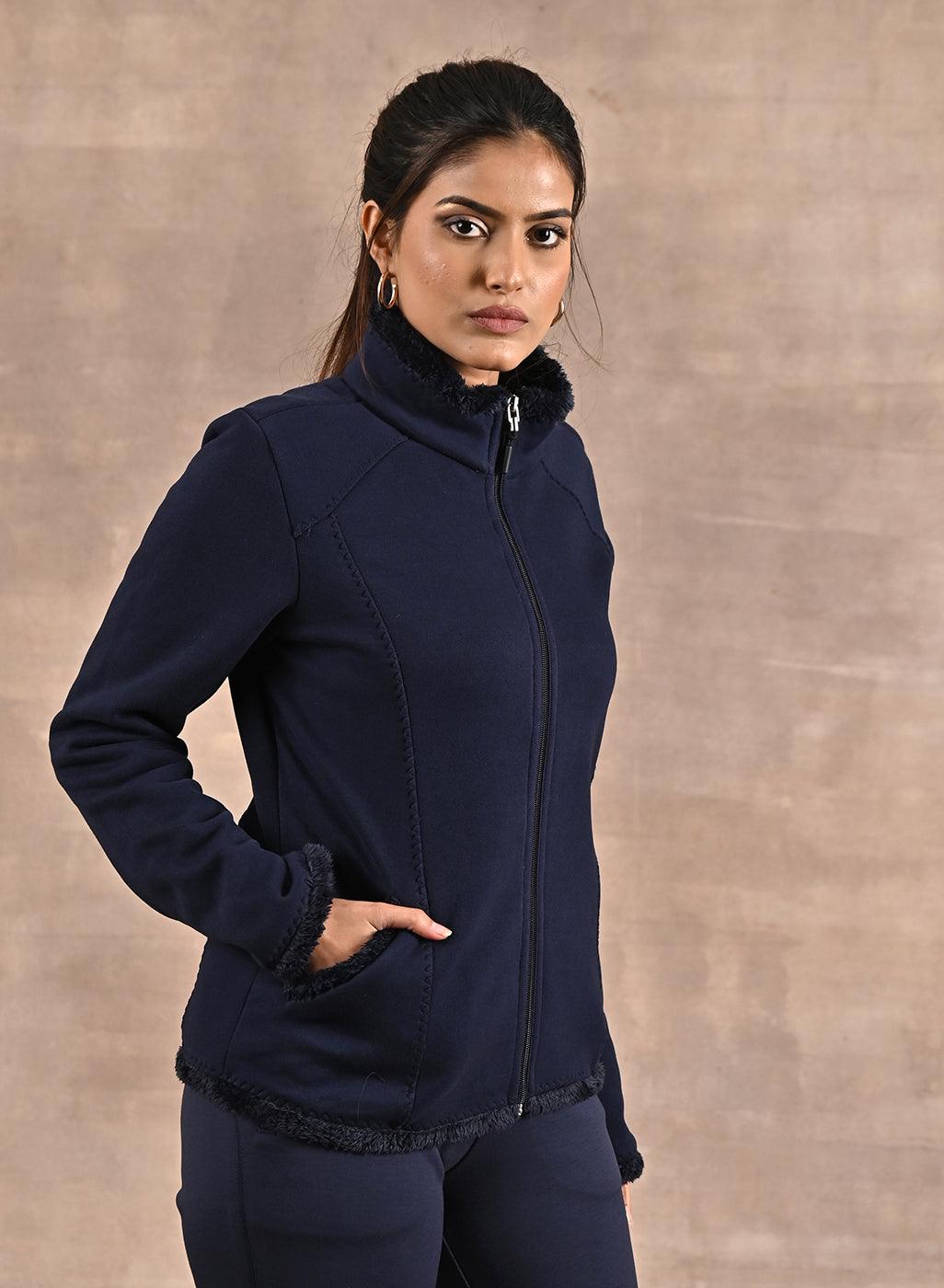 Navy High-neck Long Sleeve Sherpa Fur Jacket - Lakshita