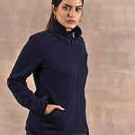 Navy High-neck Long Sleeve Sherpa Fur Jacket - Lakshita