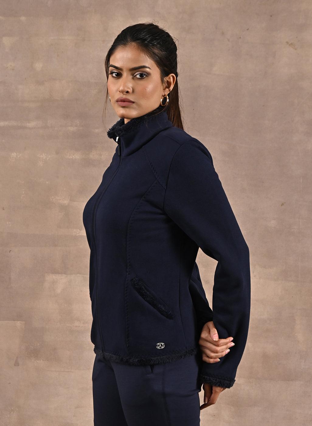 Navy High-neck Long Sleeve Sherpa Fur Jacket - Lakshita