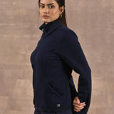 Navy High-neck Long Sleeve Sherpa Fur Jacket - Lakshita