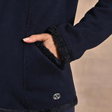 Navy High-neck Long Sleeve Sherpa Fur Jacket - Lakshita
