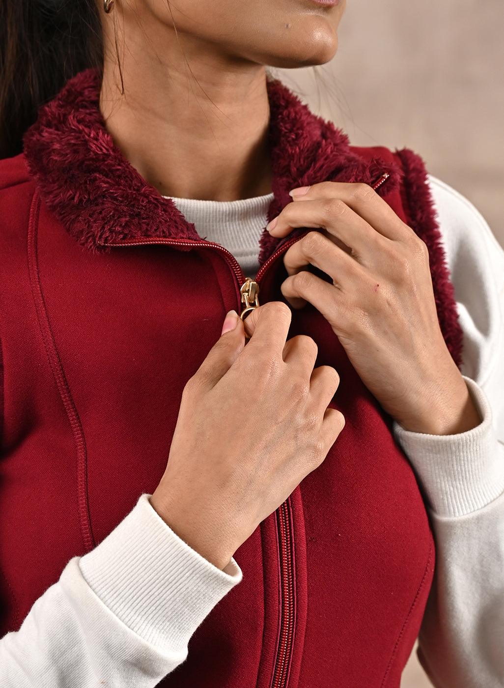 Red Zip-front Sleeveless Fur Jacket - Lakshita
