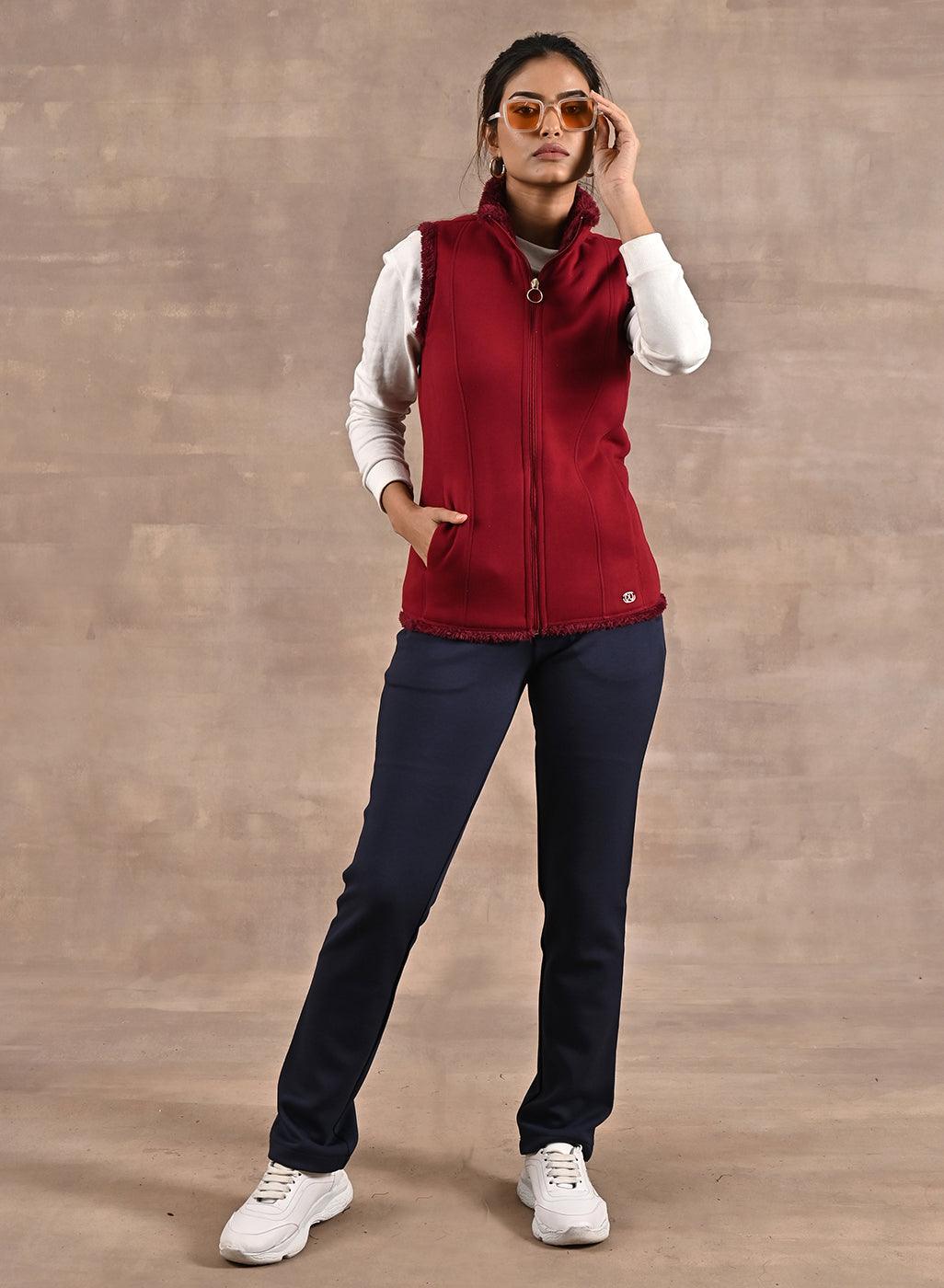 Red Zip-front Sleeveless Fur Jacket - Lakshita