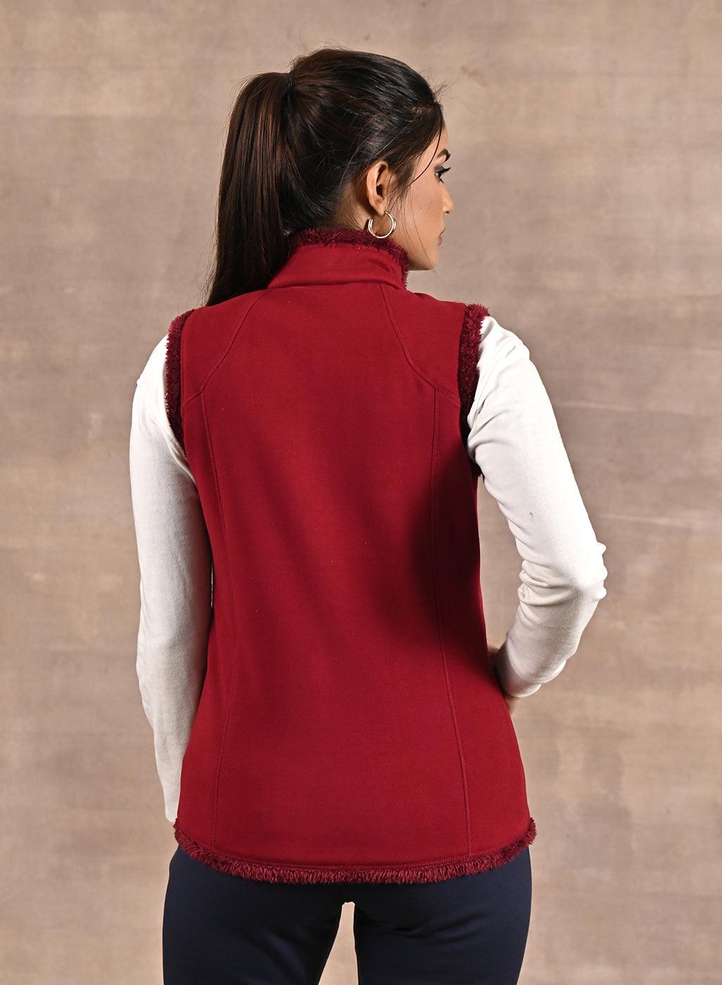 Red Zip-front Sleeveless Fur Jacket - Lakshita