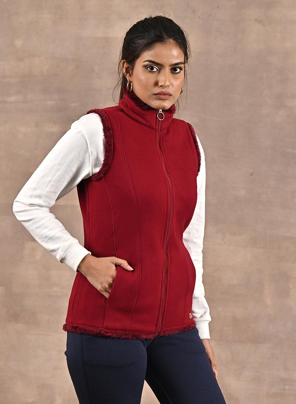 Red Zip-front Sleeveless Fur Jacket - Lakshita