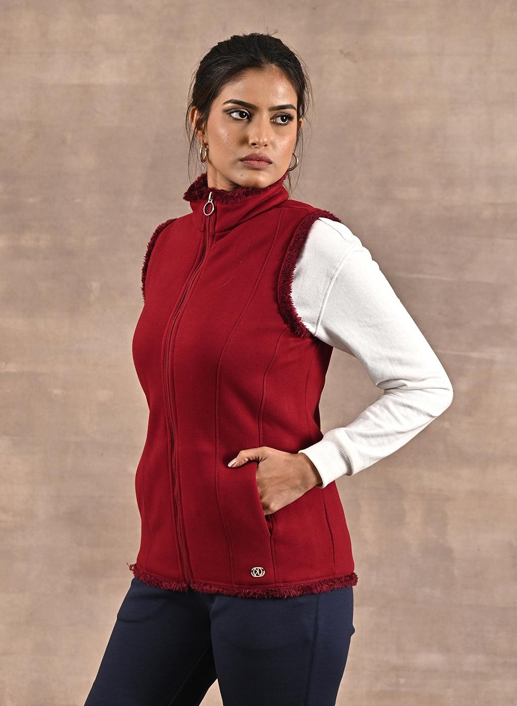 Red Zip-front Sleeveless Fur Jacket - Lakshita