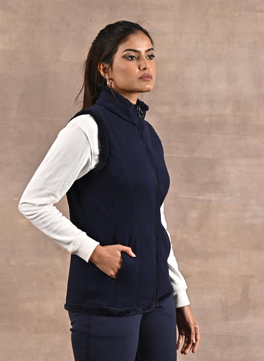 Baby Blue Zip-front Sleeveless Fur Jacket - Lakshita