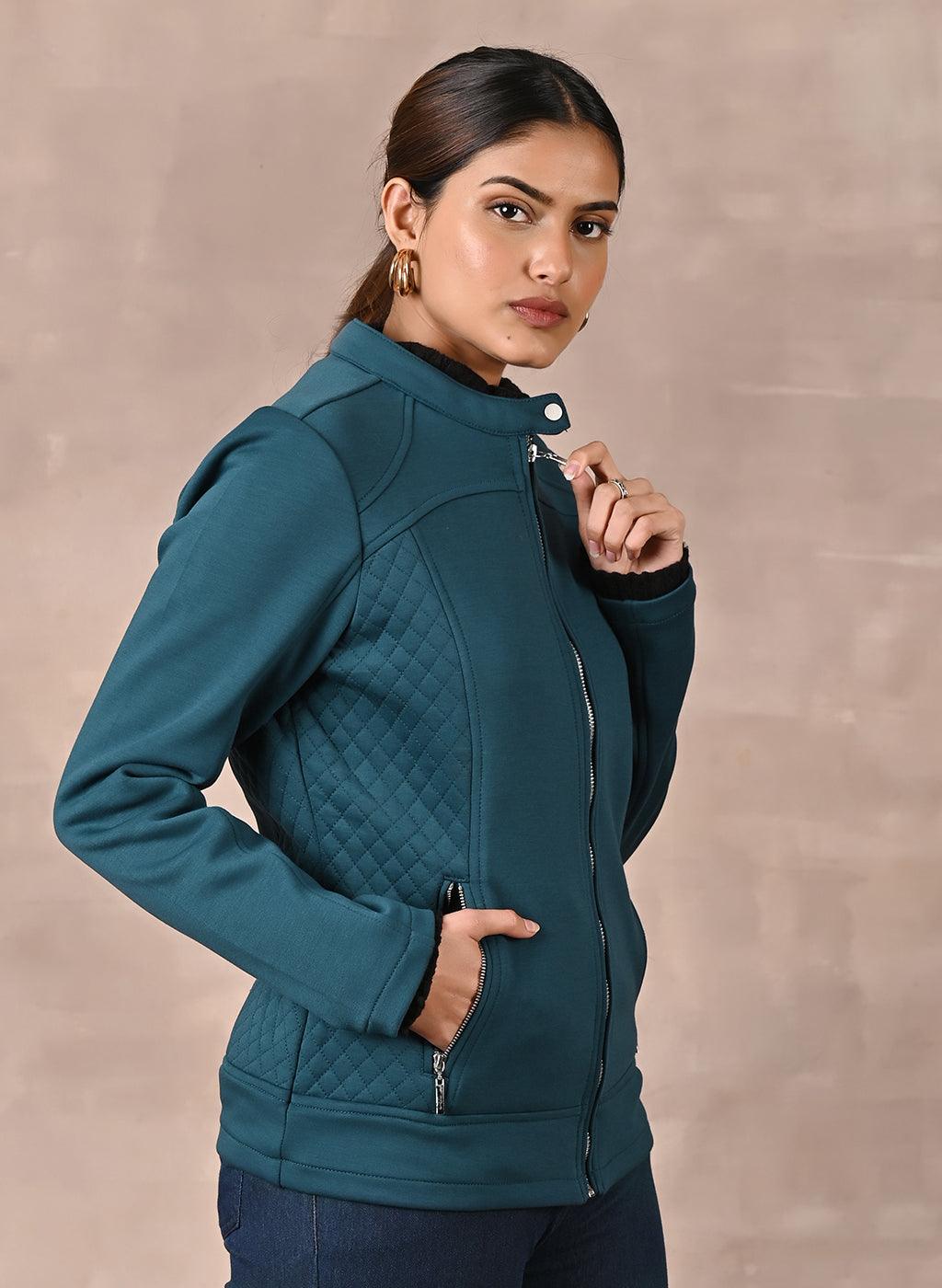 Teal Quilted Jacket with Zipper Detail - Lakshita