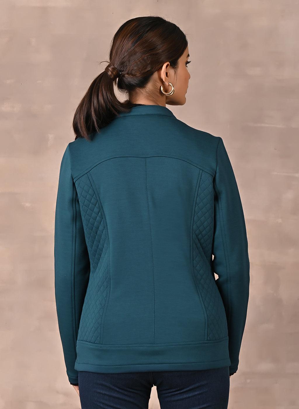 Teal Quilted Jacket with Zipper Detail - Lakshita