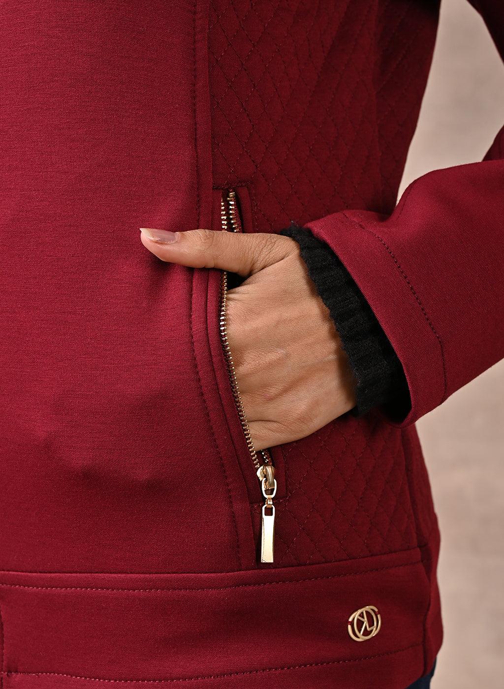 Maroon Quilted Jacket with Zipper Detail - Lakshita