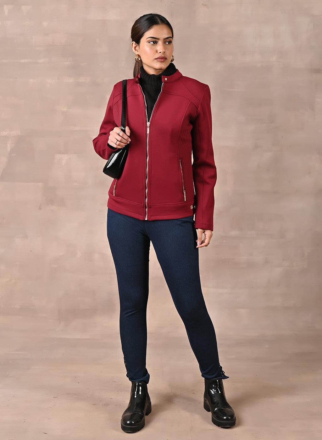 Maroon Quilted Jacket with Zipper Detail - Lakshita