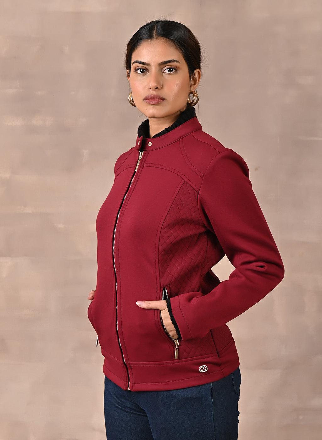Maroon Quilted Jacket with Zipper Detail - Lakshita