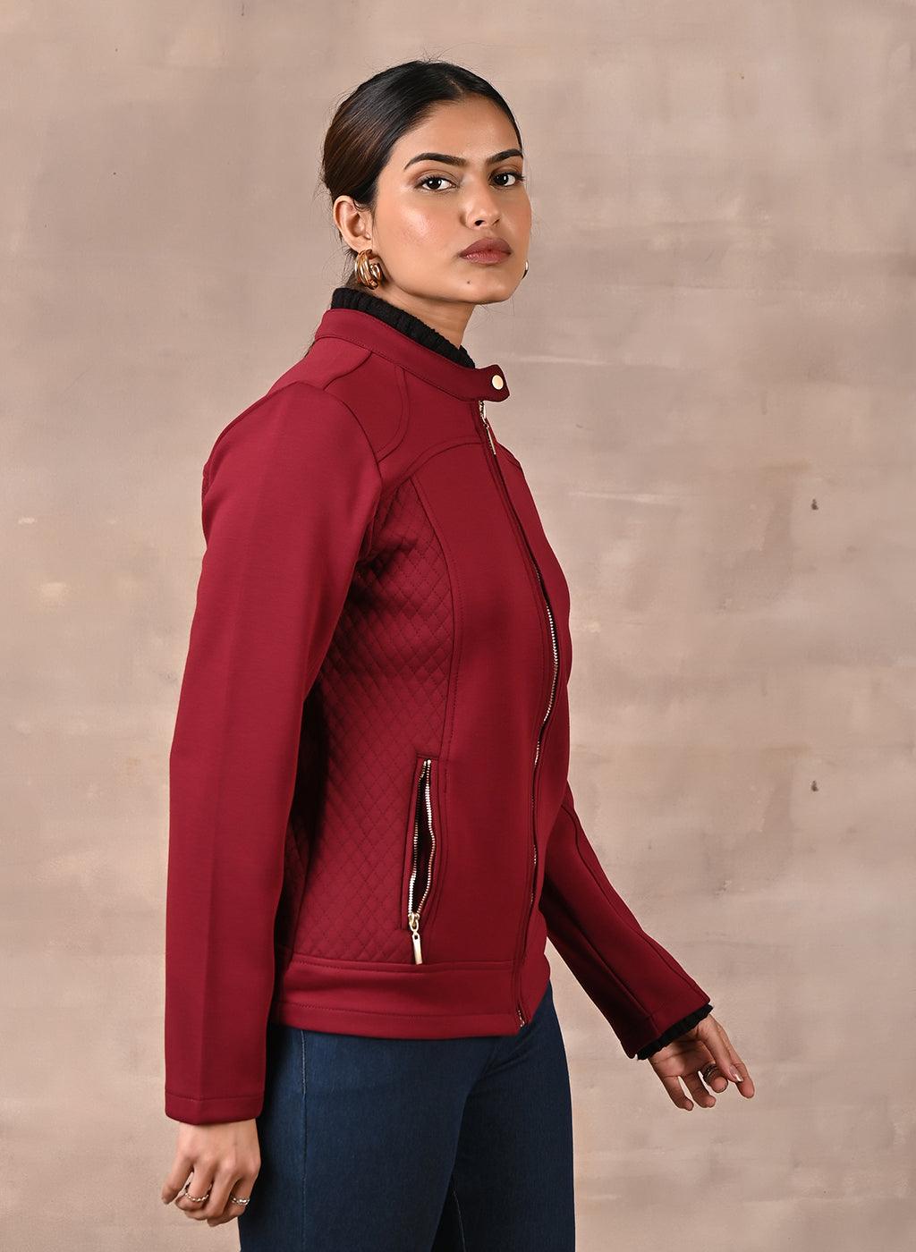 Maroon Quilted Jacket with Zipper Detail - Lakshita