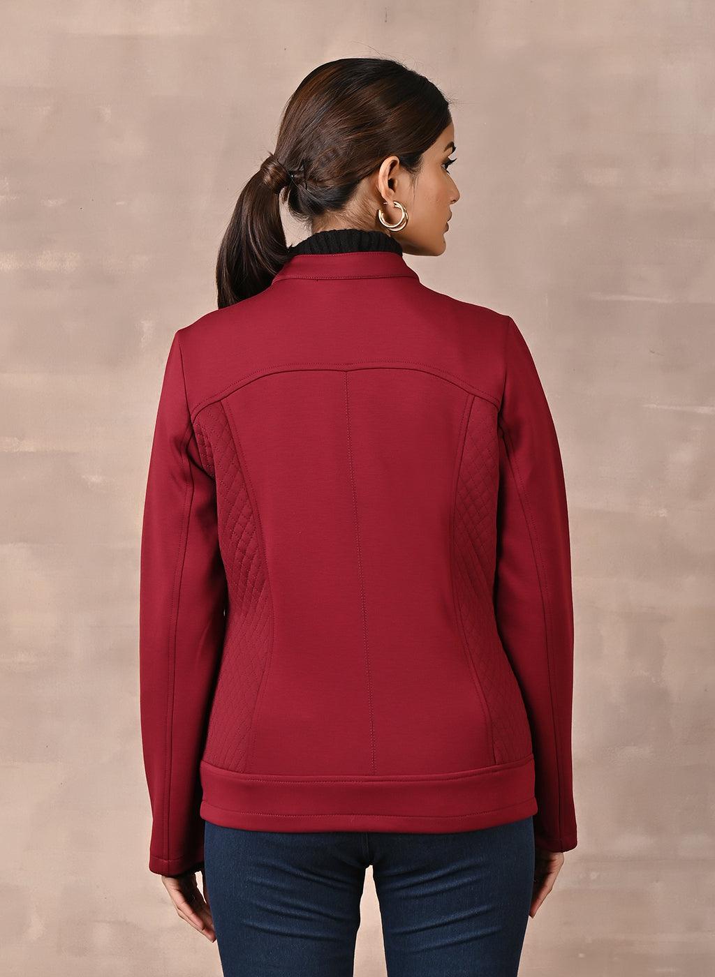 Maroon Quilted Jacket with Zipper Detail - Lakshita