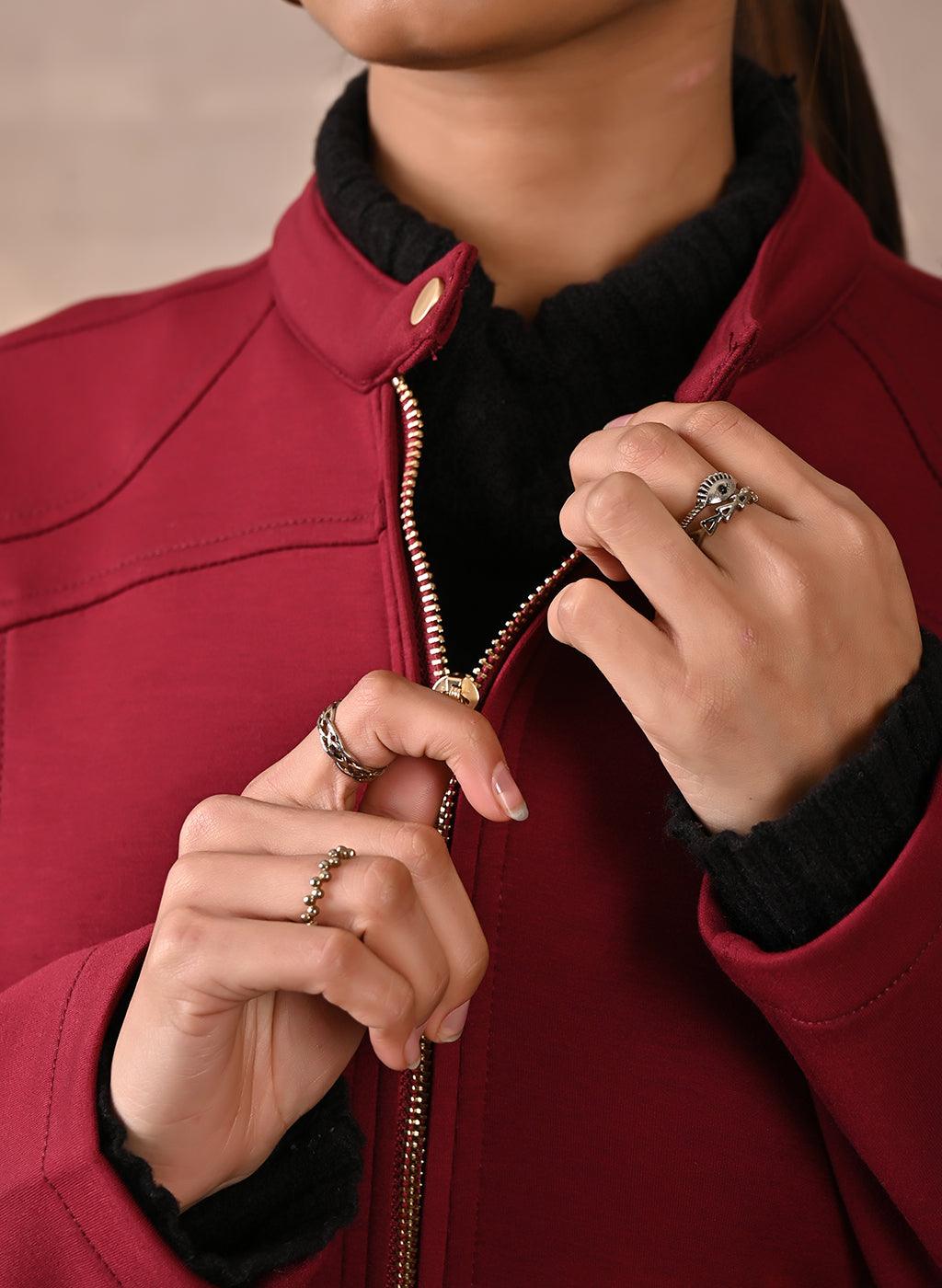 Maroon Quilted Jacket with Zipper Detail - Lakshita