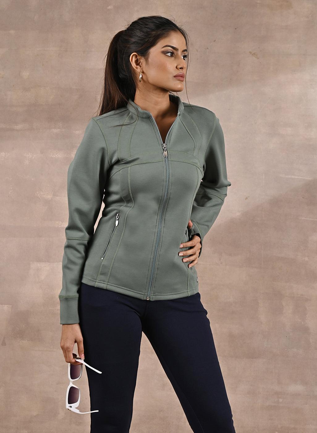 Green Long-sleeve Jacket with Decorative Cuts - Lakshita